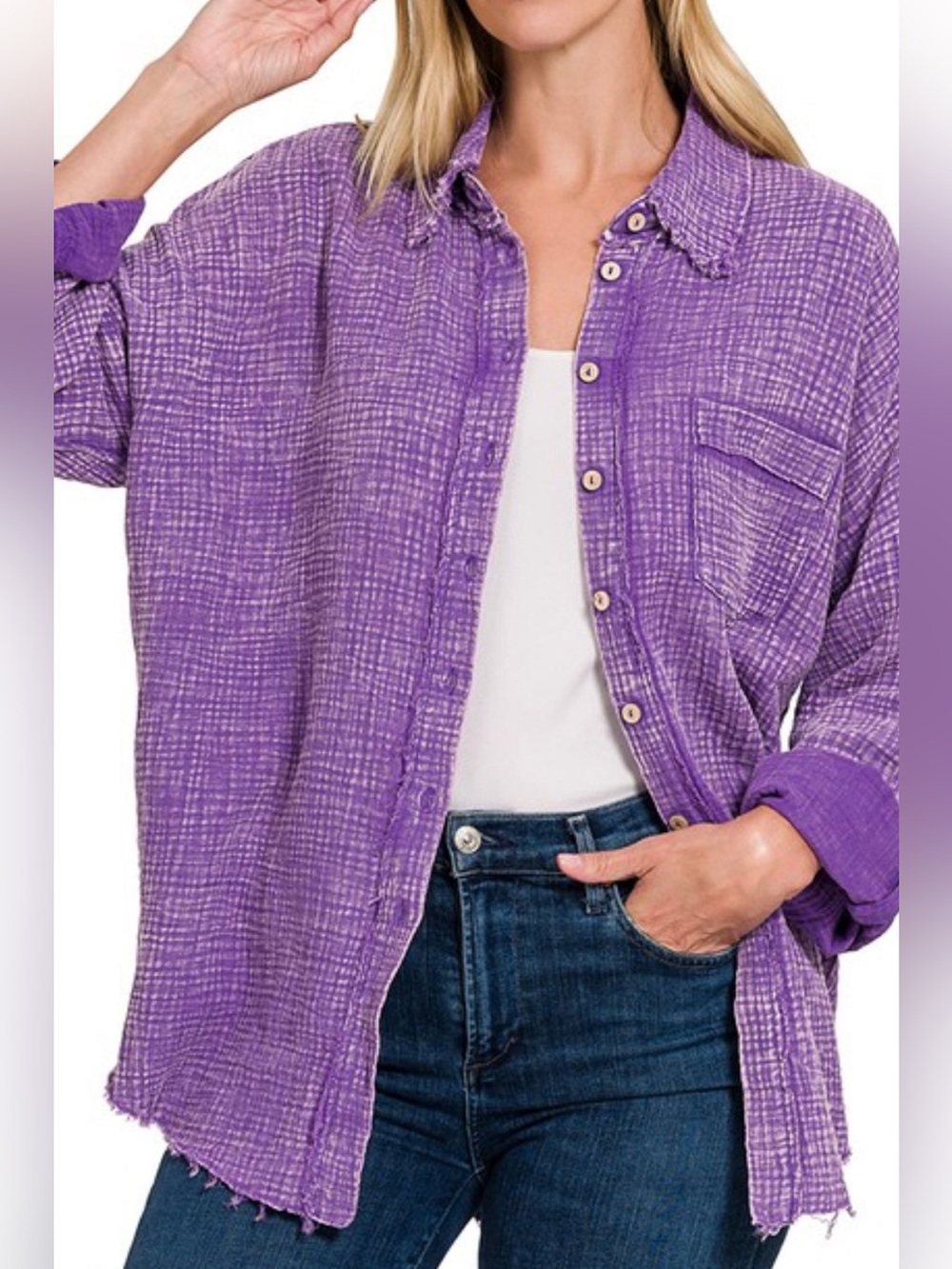 Zenana Mineral Washed Gauzed Distressed Button down shirt NWOT Small OS